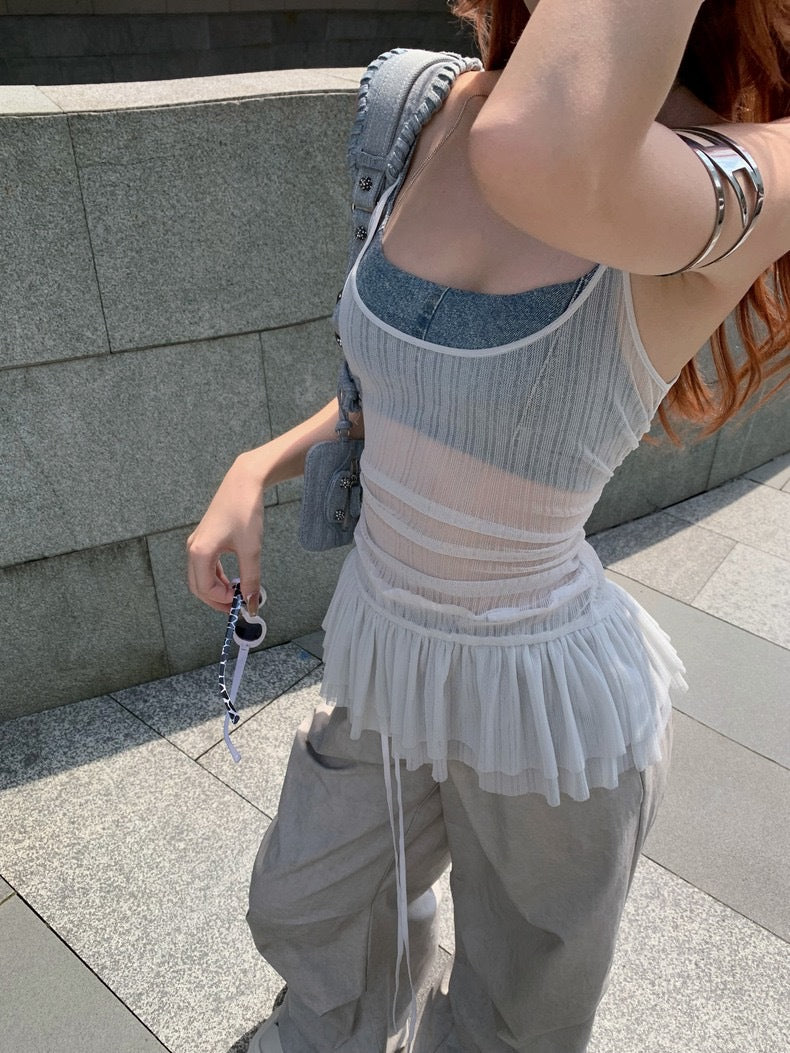 Ruffled Camisole for Women with Beautiful Pleated Back, Slimming and Sexy American-Style Top for Outer Wear