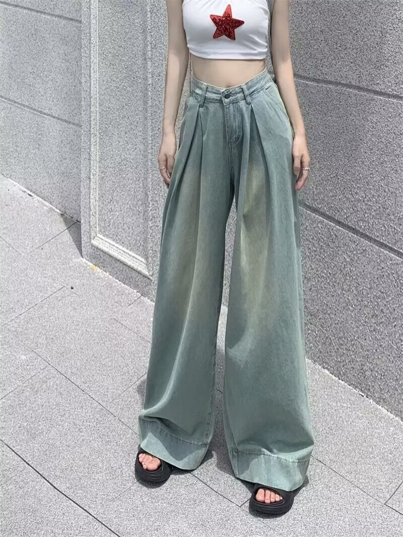 Vintage distressed loose jeans women's 2025 spring and autumn new American style high street wide leg high waist straight trousers