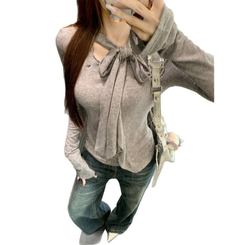 Autumn Ruffled Ribbon Long-Sleeved T-Shirt for Women 2025 New Design Slimming Look Chic Chic Top Trendy