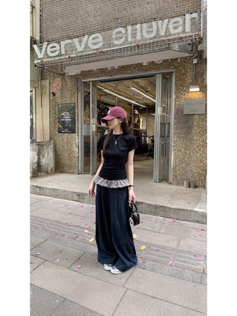 Pure Lust Black Plaid Splicing Skirt Short-Sleeved T-Shirt for Women Summer Miu Sexy Beautiful Slim Round Neck Top