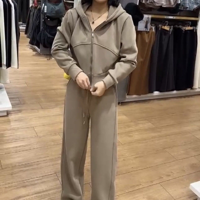 2024 autumn and winter fleece-lined sports leisure suit zipper hooded vests wide leg casual pants Joker slim casual
