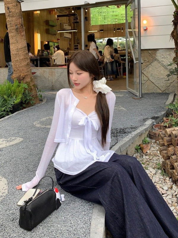 Young and Old Money Style White Knitted Cardigan Suspender Suit for Women to Wear in Spring