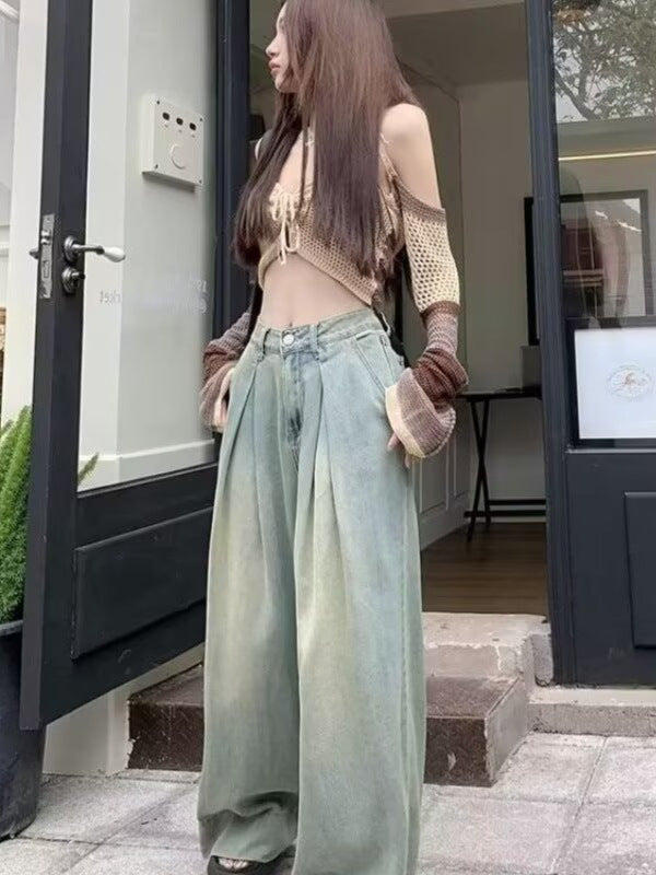 Nostalgic Blue Loose Wide Leg Jeans Women's 2025 Autumn New High Waist Pleated Design Pear-Shaped Straight Pants