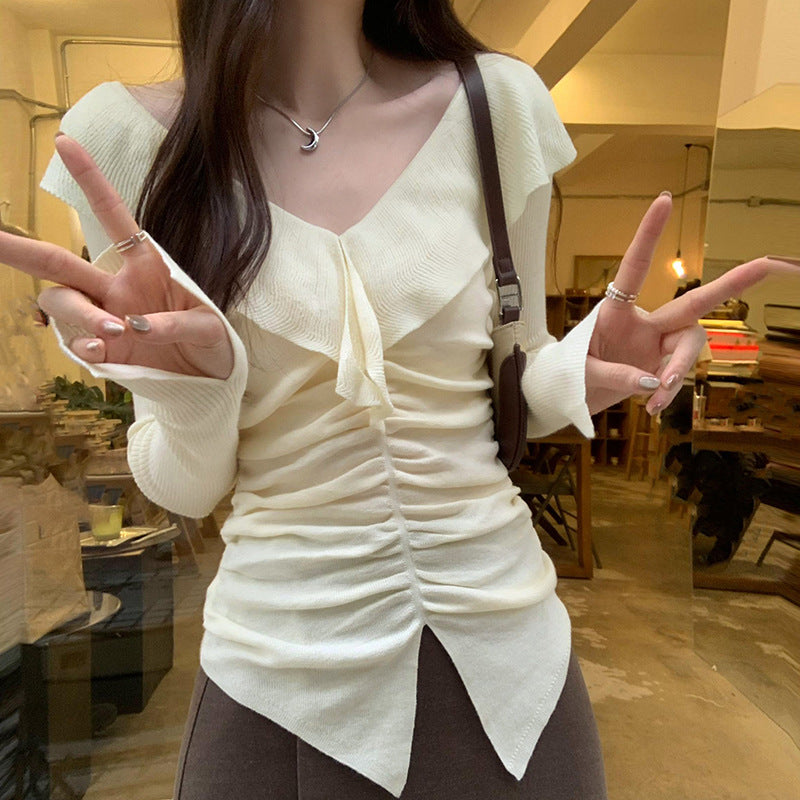 V-Neck Ruffled Slimming Long-Sleeved Inner Knitted Base Shirt Women's 2024 Autumn and Winter Korean Style Elegant High-Grade Top