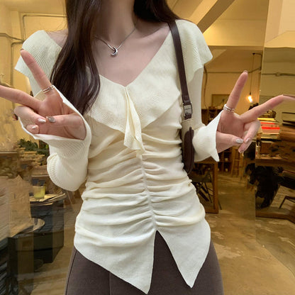V-Neck Ruffled Slimming Long-Sleeved Inner Knitted Base Shirt Women's 2024 Autumn and Winter Korean Style Elegant High-Grade Top