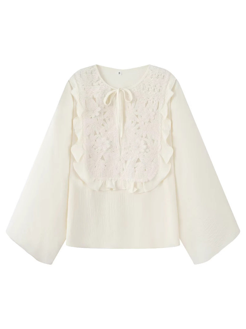 Foreign Trade 2025 New European and American Style Fashionable Round Neck Lace-Up Cut Out Embroidered Casual Shirt + Embroidered Skirt Suit
