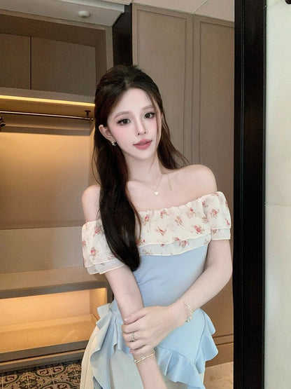 French-style Ruffled Shoulder Top Women's Summer Design Irregular Hot Girl Slim-fit Short Stylishly Short-sleeved T-shirt