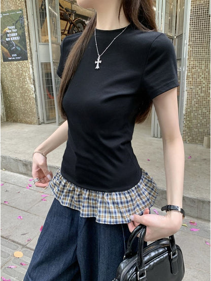 Pure Lust Black Plaid Splicing Skirt Short-Sleeved T-Shirt for Women Summer Miu Sexy Beautiful Slim Round Neck Top