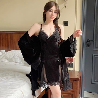 2024 gold velvet pajamas women's autumn new two-piece pajamas with chest pad sexy long sleeve warm pajamas wholesale
