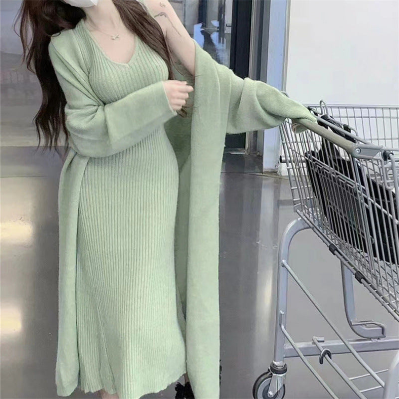 2025 Autumn/Winter New Style Elegant Slimming Loose Long Knitted Cardigan Jacket + Camisole Dress Two-Piece Set