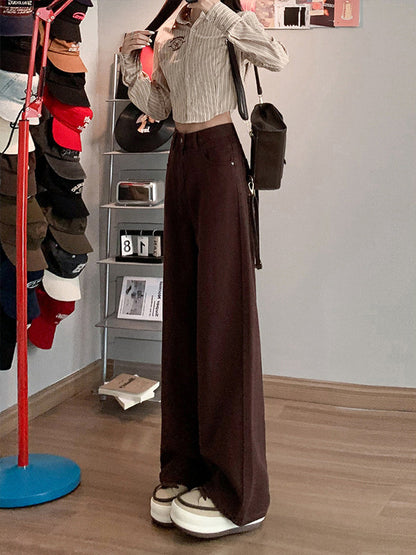 High Waist Loose Slimming plus size 2024 Autumn and Winter New Brown brown Narrow Wide Leg Jeans Women's Straight Pants