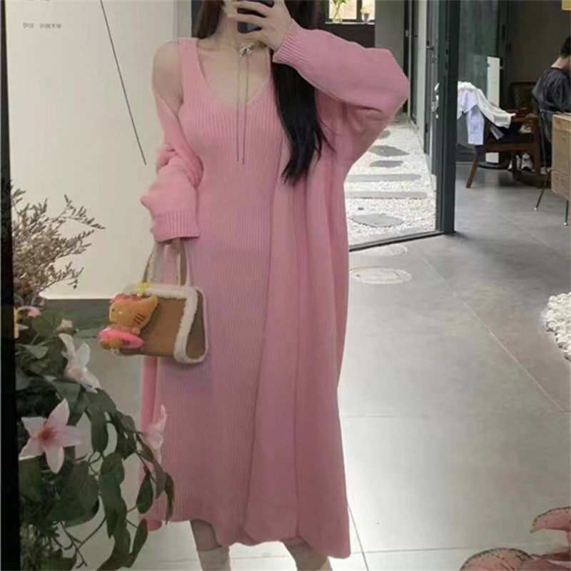 2025 Autumn/Winter New Style Elegant Slimming Loose Long Knitted Cardigan Jacket + Camisole Dress Two-Piece Set