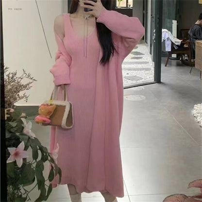 2025 Autumn/Winter New Style Elegant Slimming Loose Long Knitted Cardigan Jacket + Camisole Dress Two-Piece Set