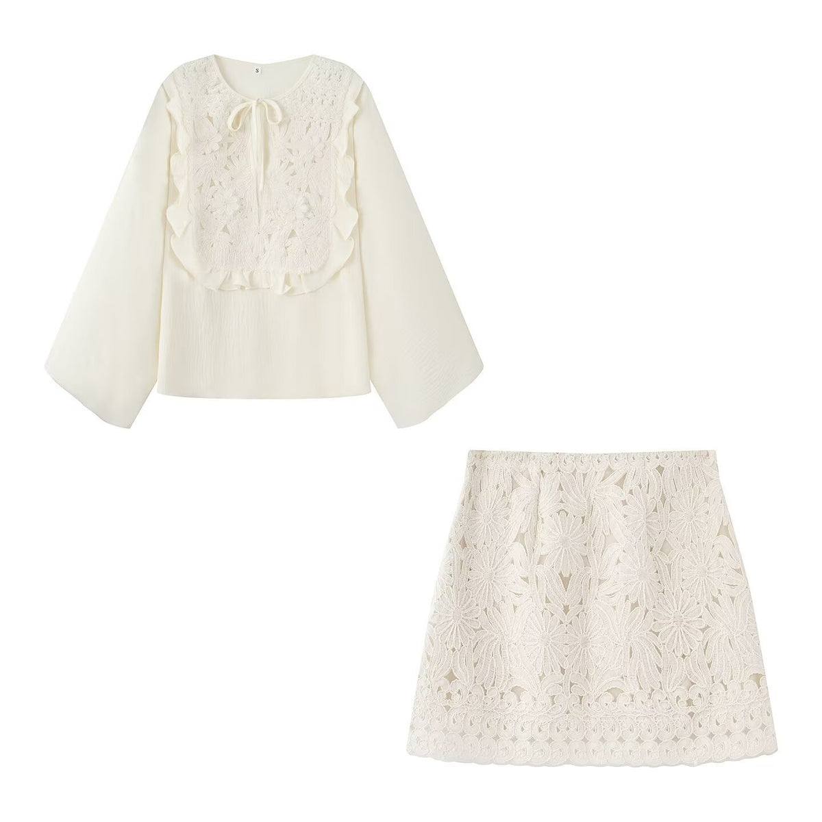 Foreign Trade 2025 New European and American Style Fashionable Round Neck Lace-Up Cut Out Embroidered Casual Shirt + Embroidered Skirt Suit