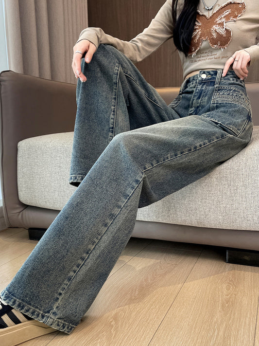 High Waist Retro Wide Leg Jeans Women's 2025 New Pocket Slimming Loose Small Straight Pants
