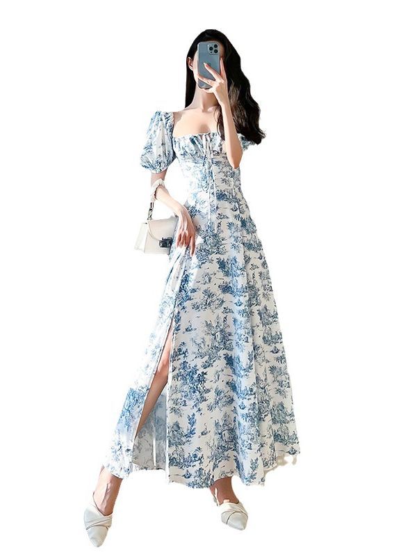 Fashionable Summer New French Style Retro Floral Square Collar Puff Sleeve Light Luxury Short Sleeve Dress Sanya Seaside Vacation