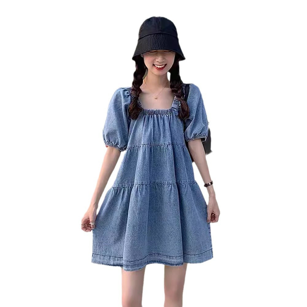 Square Collar Puff Sleeve Denim Skirt Summer and Autumn 2024 New Chic French Style Belly Covering Short Sleeve Doll dress