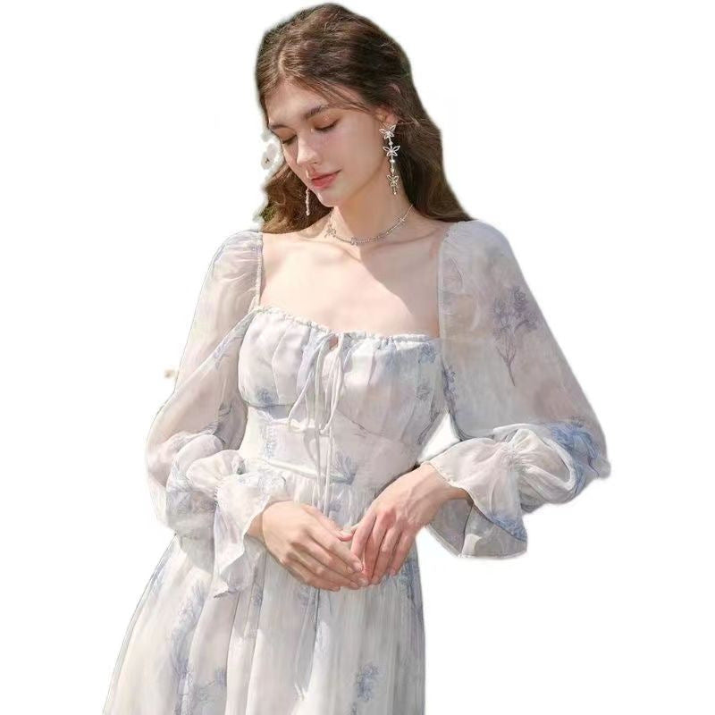 Gentle style French square collar Tea break printed dress women's spring pear-shaped super fairy Mori long skirt