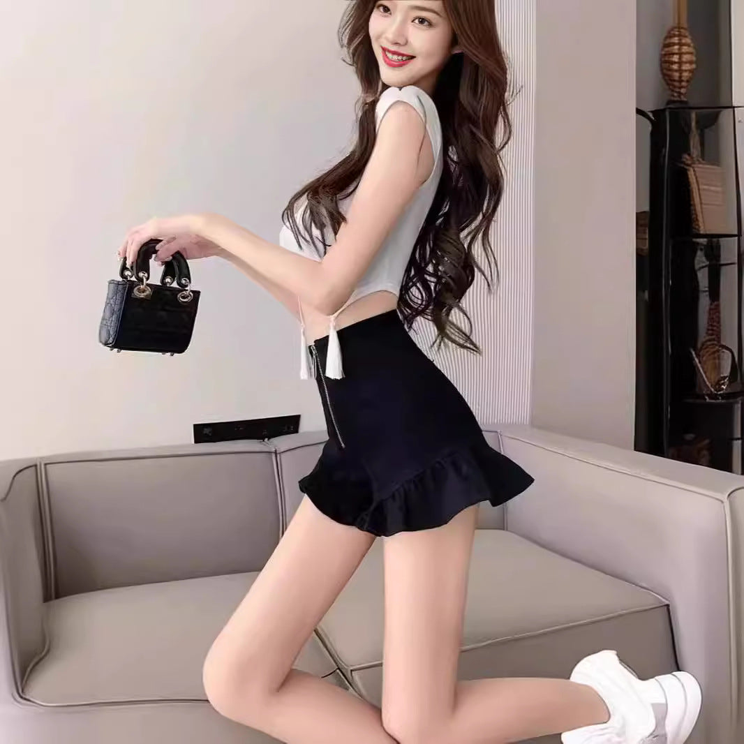 Design Sense Black Ruffled Casual Shorts Women's 2024 Summer New High Waist Slim-fit Slimming Age-reducing Pants Korean