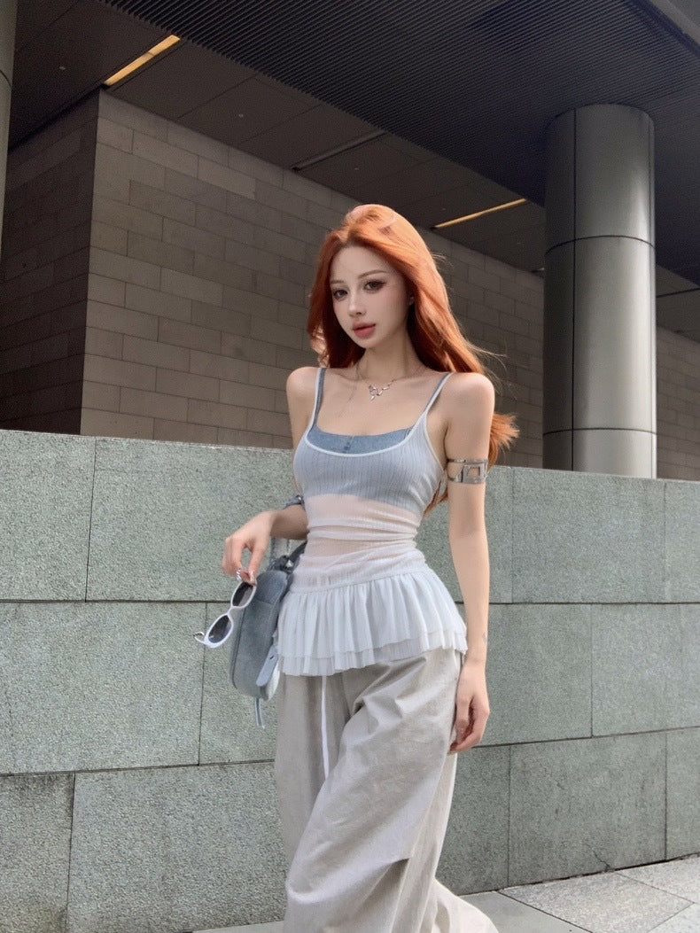 Ruffled Camisole for Women with Beautiful Pleated Back, Slimming and Sexy American-Style Top for Outer Wear