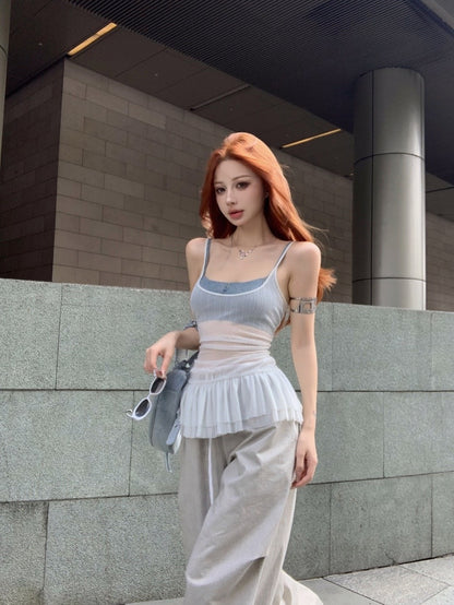 Ruffled Camisole for Women with Beautiful Pleated Back, Slimming and Sexy American-Style Top for Outer Wear