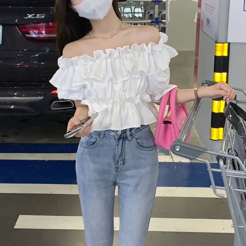French Ruffled One-Shoulder Short-Sleeved Shirt for Women, Summer Design, Niche Short Style, Unique and Chic Hot Girl Top