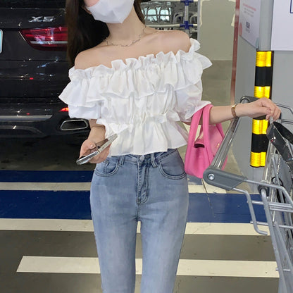 French Ruffled One-Shoulder Short-Sleeved Shirt for Women, Summer Design, Niche Short Style, Unique and Chic Hot Girl Top