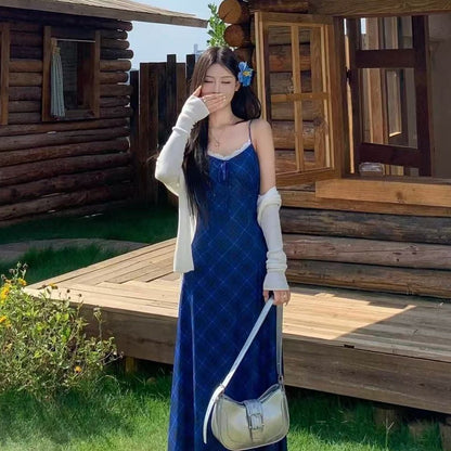 New French Retro Blue Summer Suspender Dress for Women, Slim Plaid New Style, Slimming and Super Fairy Skirt