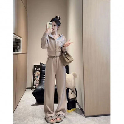 2024 autumn and winter fleece-lined sports leisure suit zipper hooded vests wide leg casual pants Joker slim casual