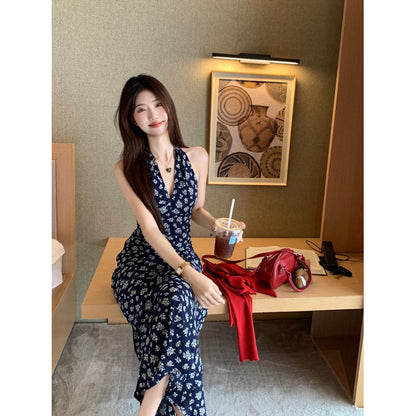 French Blue V-Neck Floral Neck Hanging Strap dress Women's 2025 Summer New Seaside Holiday Style Midi Dress