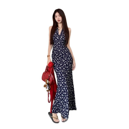 French Blue V-Neck Floral Neck Hanging Strap dress Women's 2025 Summer New Seaside Holiday Style Midi Dress