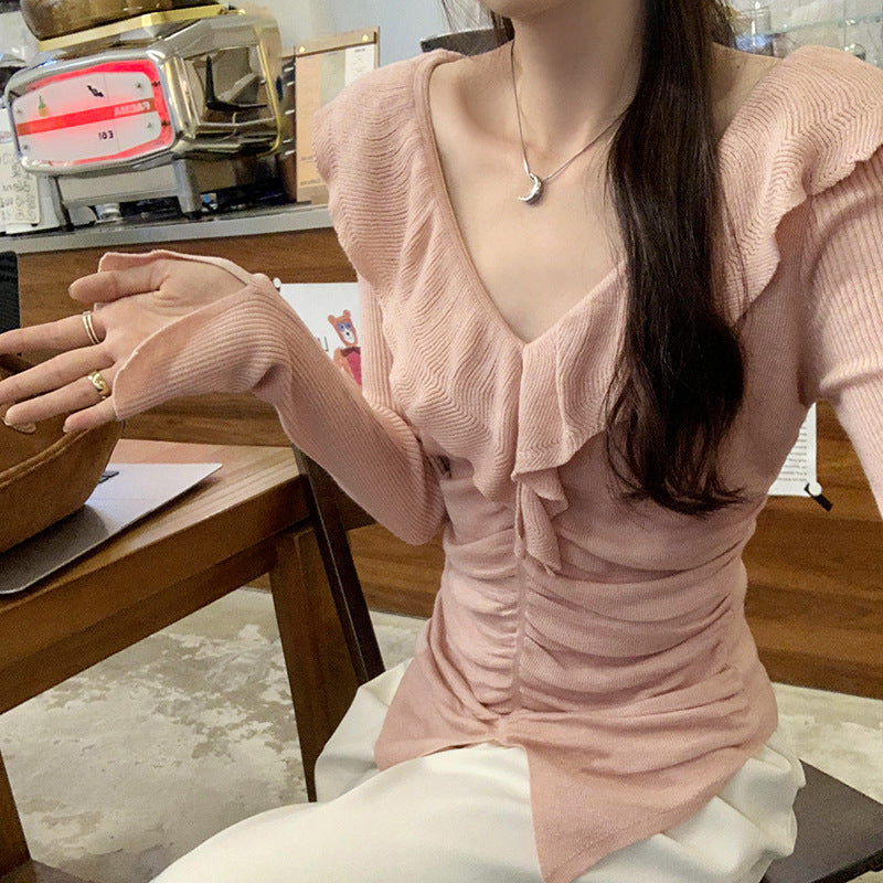 V-Neck Ruffled Slimming Long-Sleeved Inner Knitted Base Shirt Women's 2024 Autumn and Winter Korean Style Elegant High-Grade Top