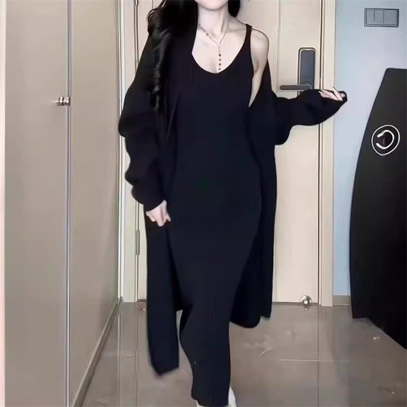 2025 Autumn/Winter New Style Elegant Slimming Loose Long Knitted Cardigan Jacket + Camisole Dress Two-Piece Set