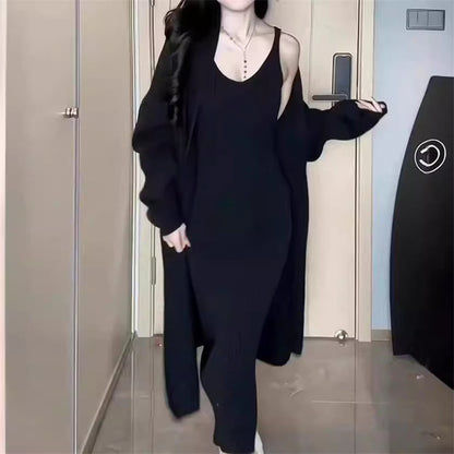 2025 Autumn/Winter New Style Elegant Slimming Loose Long Knitted Cardigan Jacket + Camisole Dress Two-Piece Set