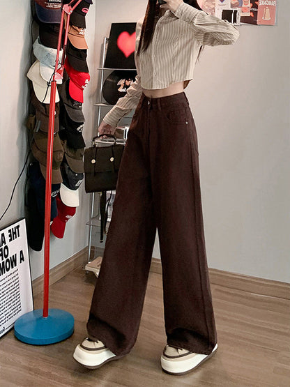 High Waist Loose Slimming plus size 2024 Autumn and Winter New Brown brown Narrow Wide Leg Jeans Women's Straight Pants
