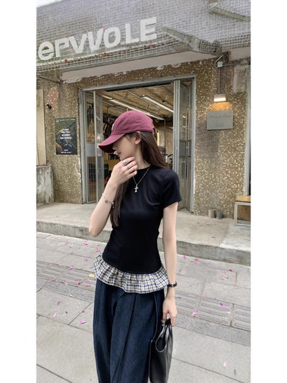 Pure Lust Black Plaid Splicing Skirt Short-Sleeved T-Shirt for Women Summer Miu Sexy Beautiful Slim Round Neck Top