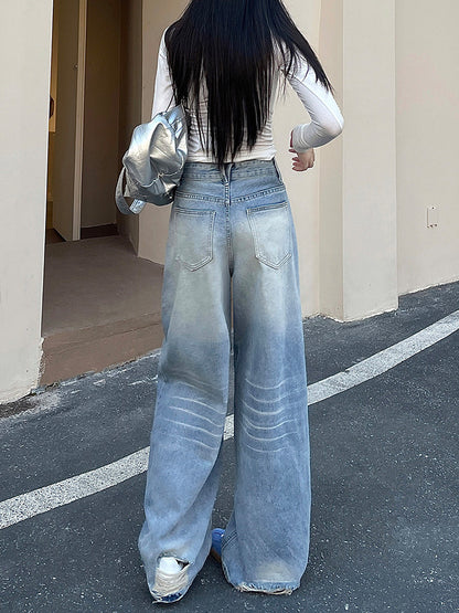 American Style High Street Women's Ripped Wide Leg Jeans Women's Autumn 2024 New High Waist Slimming Loose Straight Pants