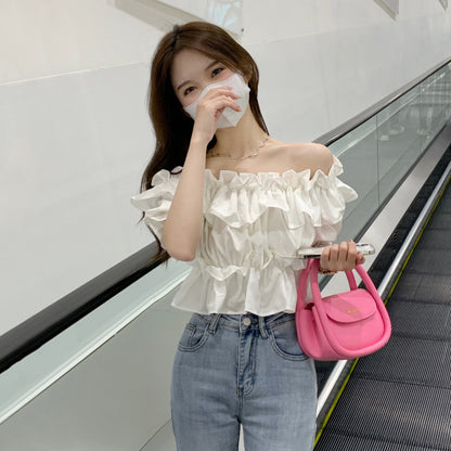 French Ruffled One-Shoulder Short-Sleeved Shirt for Women, Summer Design, Niche Short Style, Unique and Chic Hot Girl Top