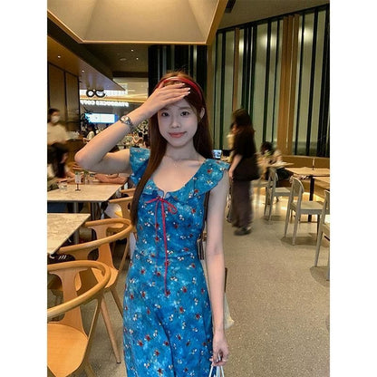 Resort Style Blue Floral Suspender Dress for Women Summer French Waist Long Skirt with Gentle Design A-Line Skirt