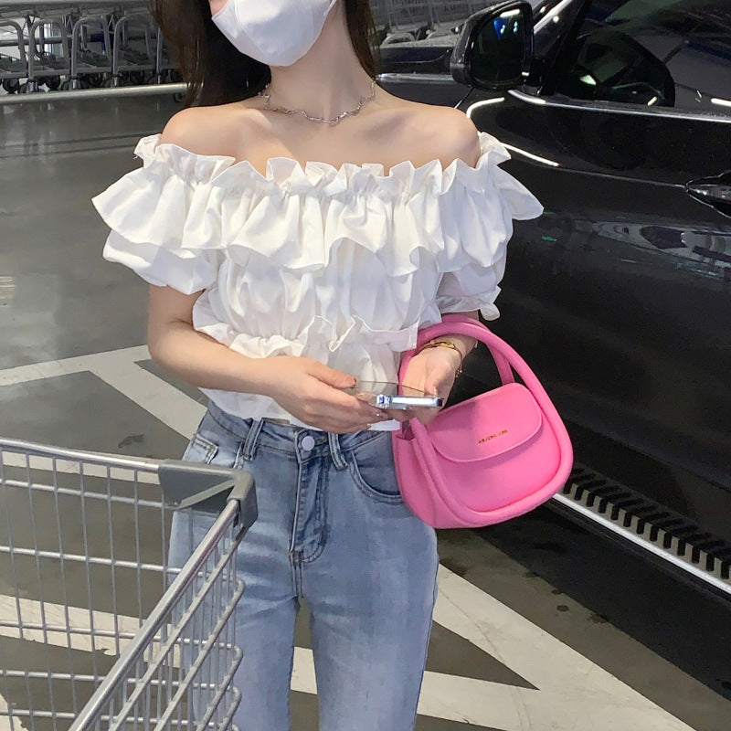 French Ruffled One-Shoulder Short-Sleeved Shirt for Women, Summer Design, Niche Short Style, Unique and Chic Hot Girl Top