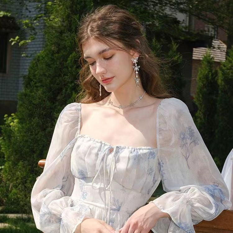 Gentle style French square collar Tea break printed dress women's spring pear-shaped super fairy Mori long skirt