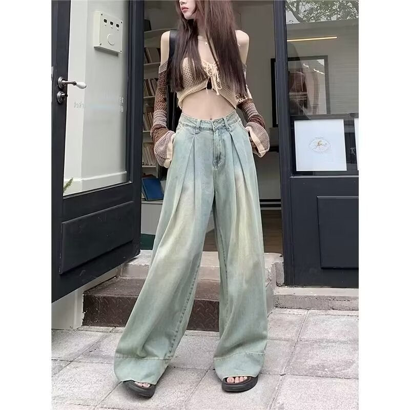 Nostalgic Blue Loose Wide Leg Jeans Women's 2025 Autumn New High Waist Pleated Design Pear-Shaped Straight Pants