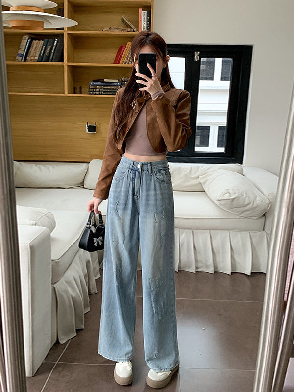 American Style Retro Wide Leg Jeans Women's 2024 Autumn New Design Sense Loose Slimming Vertical Straight Pants