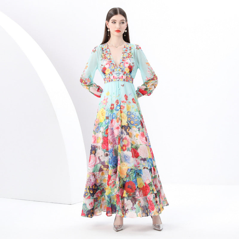 2025 early spring-retro deep collar lantern sleeve wave edge wide swing painted printing long dress
