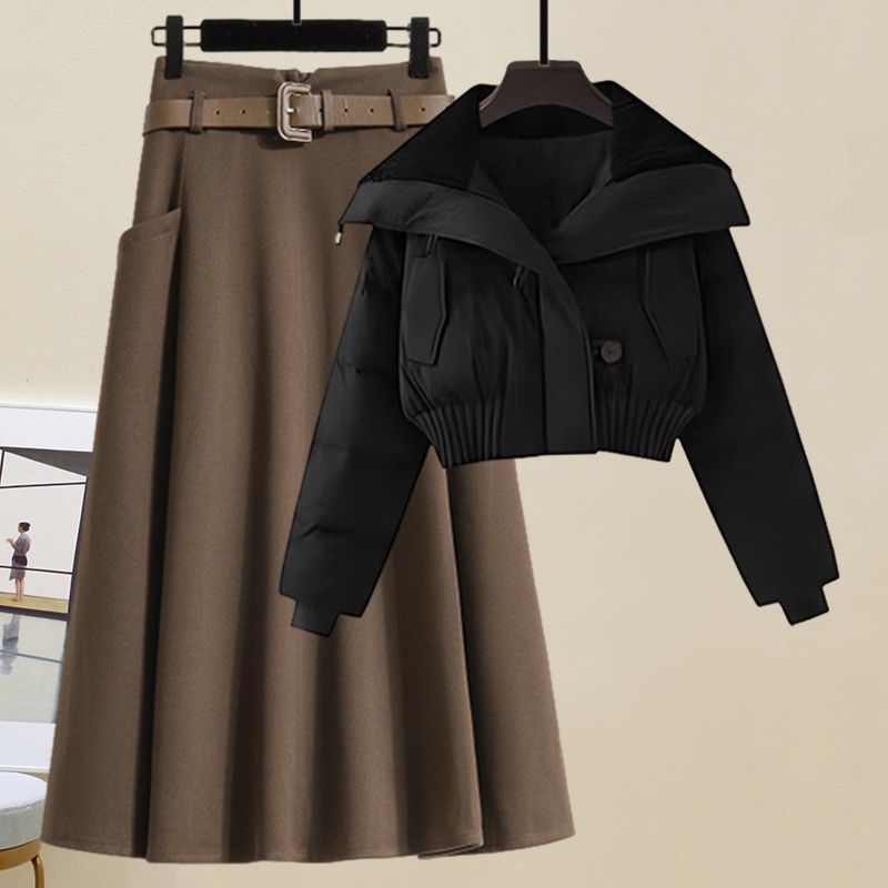 Winter wear small cotton-padded jacket coat with a set of new autumn and winter thick wool skirt two-piece suit