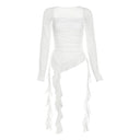 Irregular Ruffled Strap Shoulder T-shirt Women's Early Autumn Niche Design Sense Slim-fit Slimming Hot Girl Sexy Top