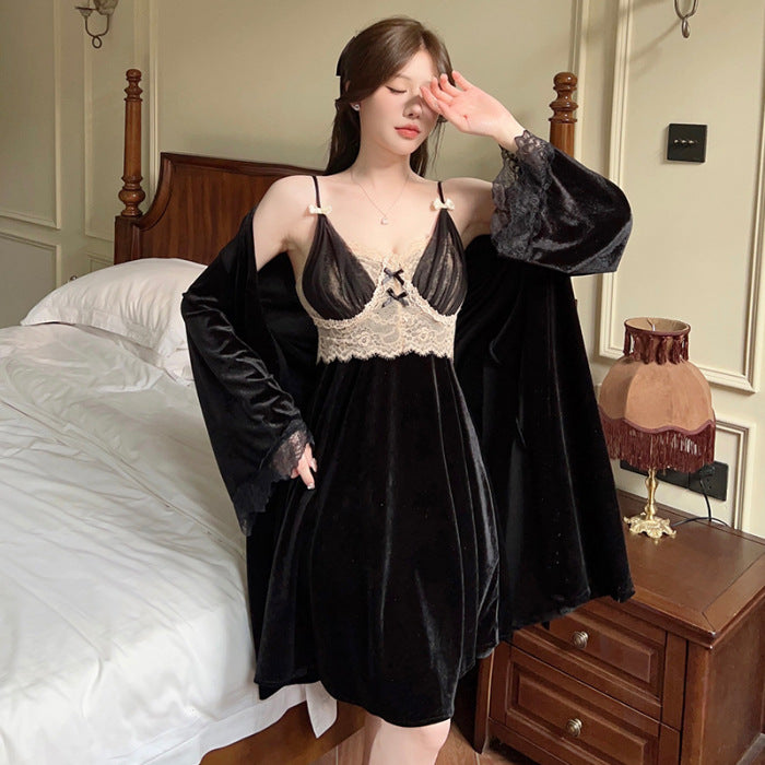 2024 gold velvet pajamas women's autumn new two-piece pajamas with chest pad sexy long sleeve warm pajamas wholesale