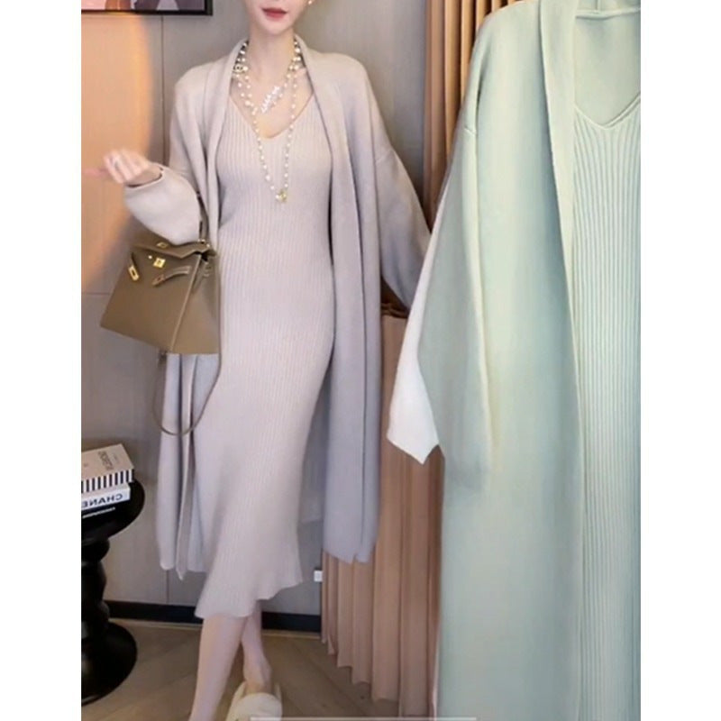 2025 Autumn/Winter New Style Elegant Slimming Loose Long Knitted Cardigan Jacket + Camisole Dress Two-Piece Set
