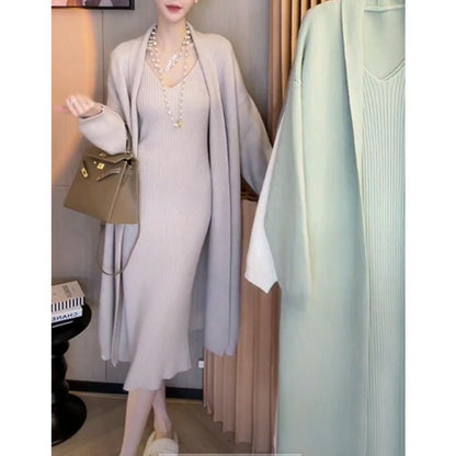 2025 Autumn/Winter New Style Elegant Slimming Loose Long Knitted Cardigan Jacket + Camisole Dress Two-Piece Set