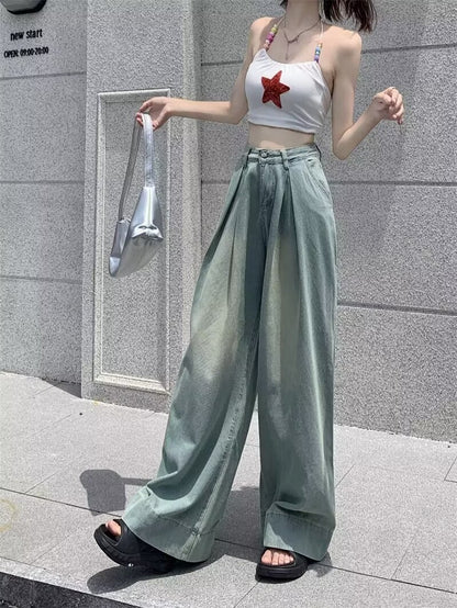 Vintage distressed loose jeans women's 2025 spring and autumn new American style high street wide leg high waist straight trousers